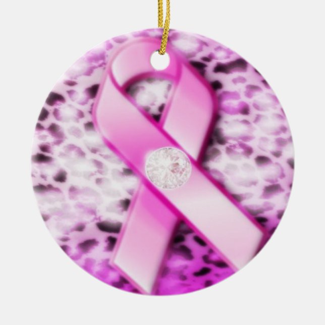Pink Ribbon on Leopard Print Ornament (Front)