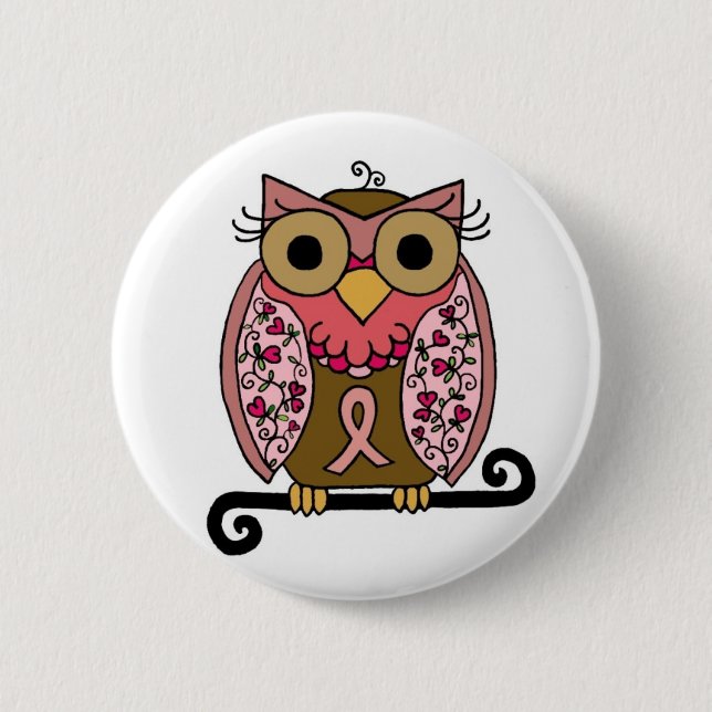 Pink Ribbon Owl 2 Inch Round Button (Front)