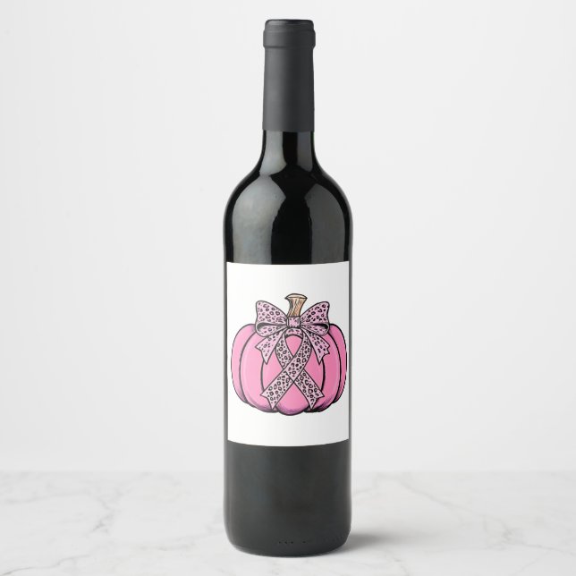 Pink Ribbon Pumpkin Face Halloween Breast Cancer  Wine Label (Front)