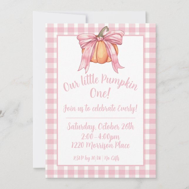 Pink Ribbon Pumpkin, Gingham Pink Girl Fall Bow In Invitation (Front)