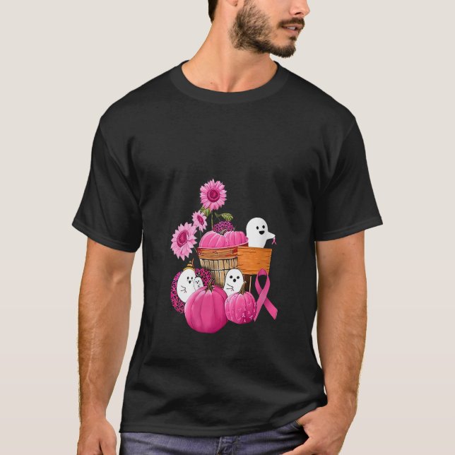 Pink Ribbon Pumpkin Leopard Ghost Boos World Cance T-Shirt (Front)