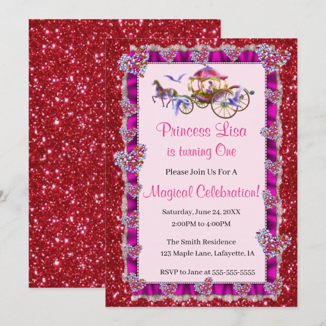 Pink Ribbon Red Glitter Royal Princess Birthday Invitation (Front/Back)