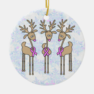 Pink Ribbon Reindeer - Breast Cancer Ceramic Ornament