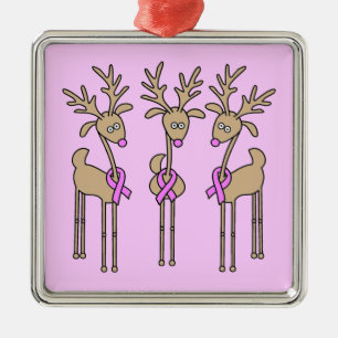 Pink Ribbon Reindeer - Breast Cancer Metal Ornament