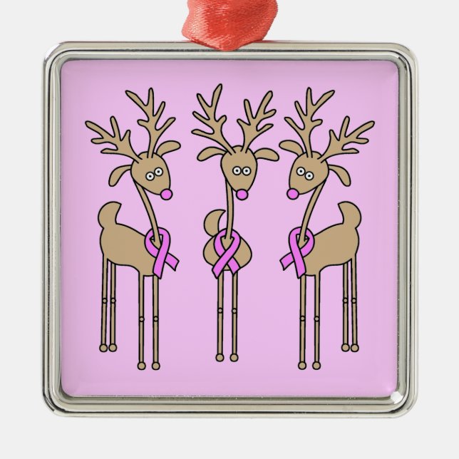 Pink Ribbon Reindeer - Breast Cancer Metal Ornament (Front)