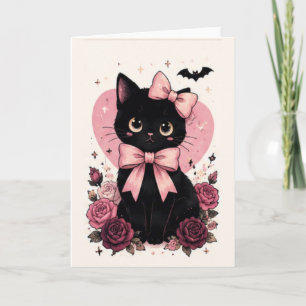 Pink Ribbon Rose Floral Black Cat Card