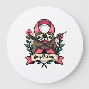 Pink Ribbon Sloth Support Vintage Awareness Art Large Clock