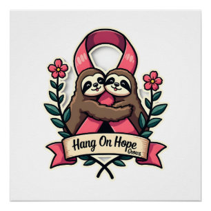 Pink Ribbon Sloth Support Vintage Awareness Art Poster