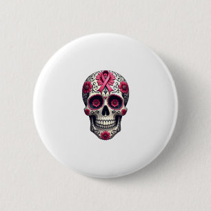 Pink Ribbon Sugar Skull Calavera Breast Cancer Awa 2 Inch Round Button