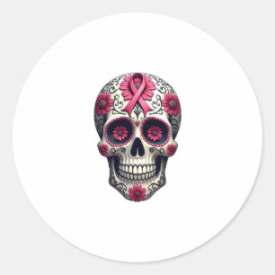 Pink Ribbon Sugar Skull Calavera Breast Cancer Awa Classic Round Sticker