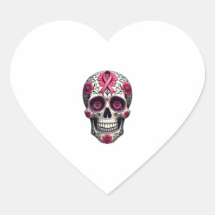Pink Ribbon Sugar Skull Calavera Breast Cancer Awa Heart Sticker