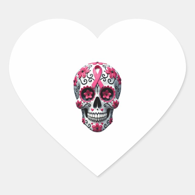 Pink Ribbon Sugar Skull Calavera Breast Cancer Awa Heart Sticker (Front)
