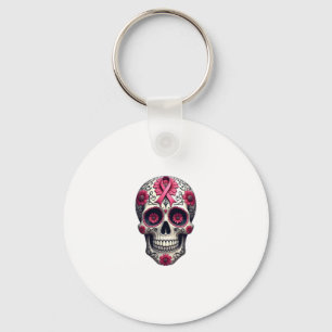 Pink Ribbon Sugar Skull Calavera Breast Cancer Awa Keychain