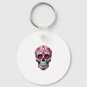 Pink Ribbon Sugar Skull Calavera Breast Cancer Awa Keychain