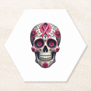 Pink Ribbon Sugar Skull Calavera Breast Cancer Awa Paper Coaster