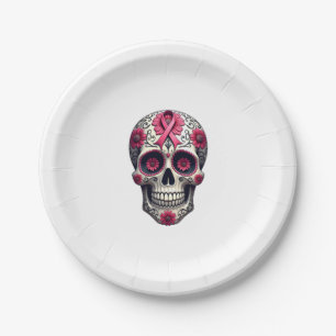 Pink Ribbon Sugar Skull Calavera Breast Cancer Awa Paper Plate