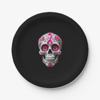 Pink Ribbon Sugar Skull Calavera Breast Cancer Awa Paper Plate