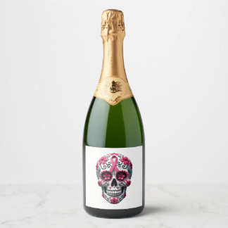 Pink Ribbon Sugar Skull Calavera Breast Cancer Awa Sparkling Wine Label