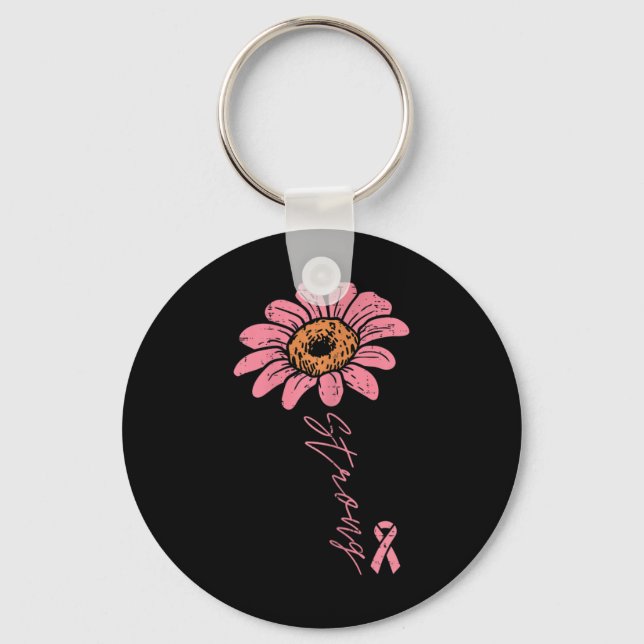 Pink Ribbon Sunflower Strong Breast Cancer Awarene Keychain (Front)