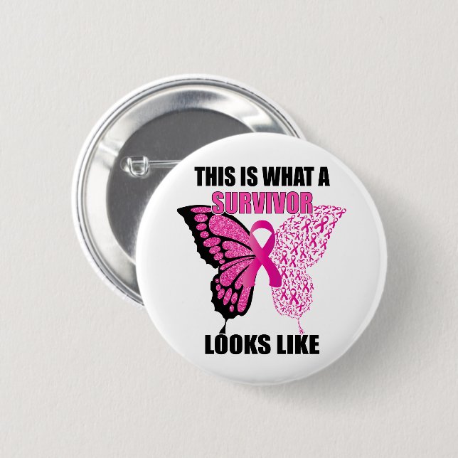 Pink Ribbon Survivor Butterfly Breast Cancer 2 Inch Round Button (Front & Back)