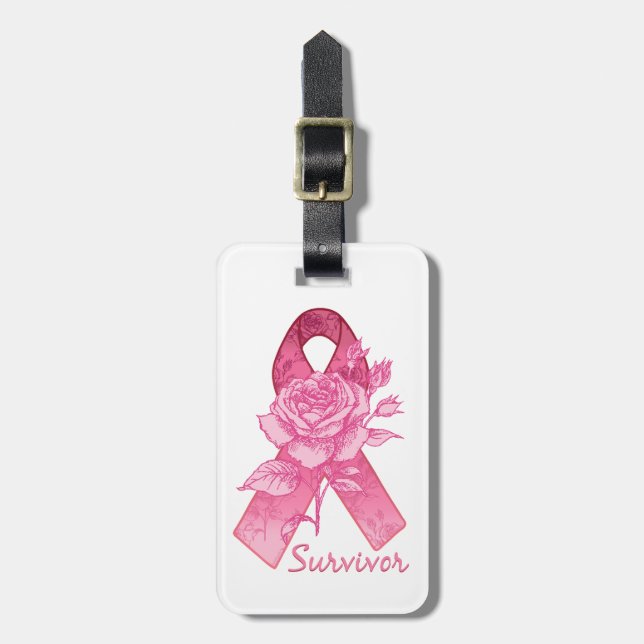 Pink Ribbon Survivor Rose Luggage Tag (Front Vertical)