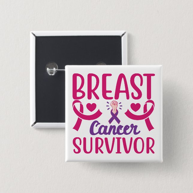 Pink Ribbon Warrior Chemo Breast Cancer Survivor 2 Inch Square Button (Front & Back)