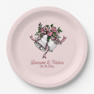 Pink Ribbon Wedding Bells Custom Names Date Pink Paper Plate