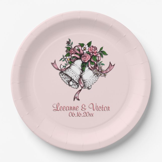 Pink Ribbon Wedding Bells Custom Names Date Pink Paper Plate (Front)