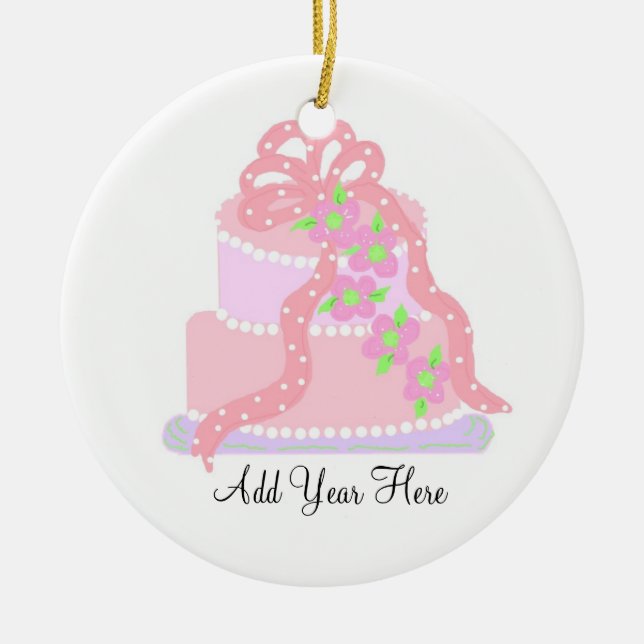 Pink Ribbon Wedding Cake Ceramic Ornament (Front)