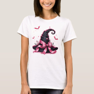 Pink Ribbon Witch Hat Breast Cancer Awareness T-Shirt