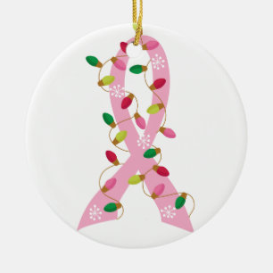Pink Ribbon With Christmas Lights Breast Cancer Ceramic Ornament