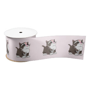 Pink Ribbon with Cute Baby Cat - Customizable Satin Ribbon