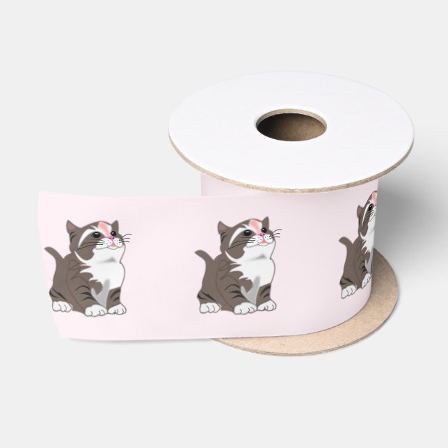 Pink Ribbon with Cute Baby Cat - Customizable Satin Ribbon (Spool)