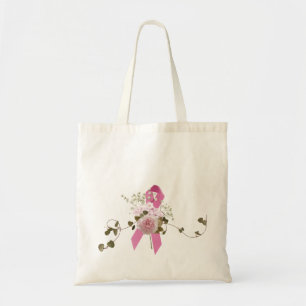 Pink ribbon with rose tote bag
