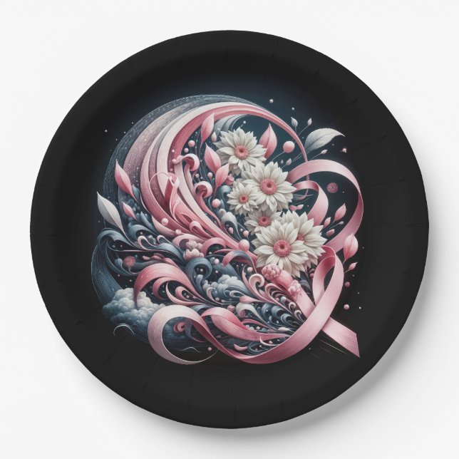 Pink Ribbons and Daisy Bouquet Paper Plate (Front)