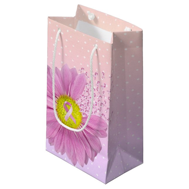 Pink Ribbons and Daisy On Polka Dots Small Gift Bag (Front Angled)