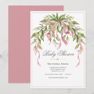 Pink Ribbons Greenery Elegant Baby Shower Invitati Invitation