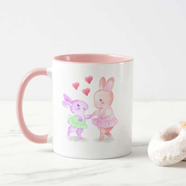 Pink Rim & Handle Mug Dancing Bunnies Tutu (With Donut)
