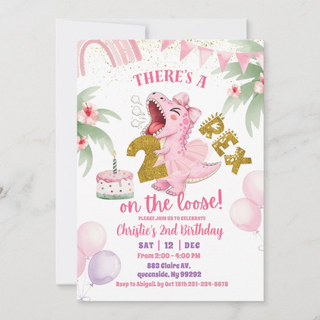 Pink Roaring Dinosaur 2-rex birthday Invitation (Front)