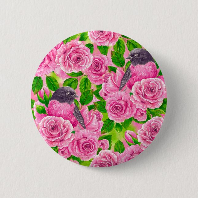 Pink Robin and roses 2 Inch Round Button (Front)