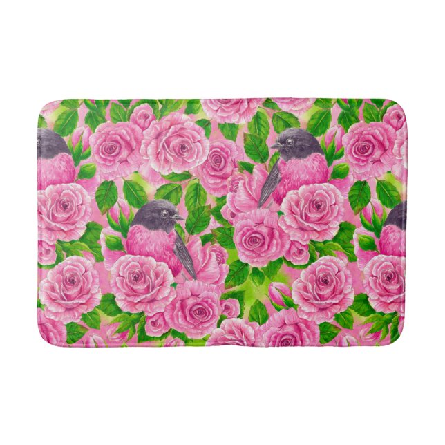 Pink Robin and roses Bath Mat (Front)