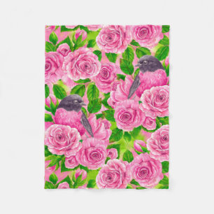 Pink Robin and roses Fleece Blanket