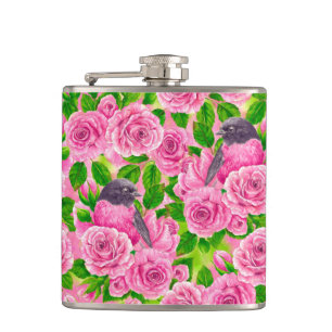 Pink Robin and roses Hip Flask