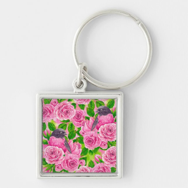Pink Robin and roses Keychain (Front)