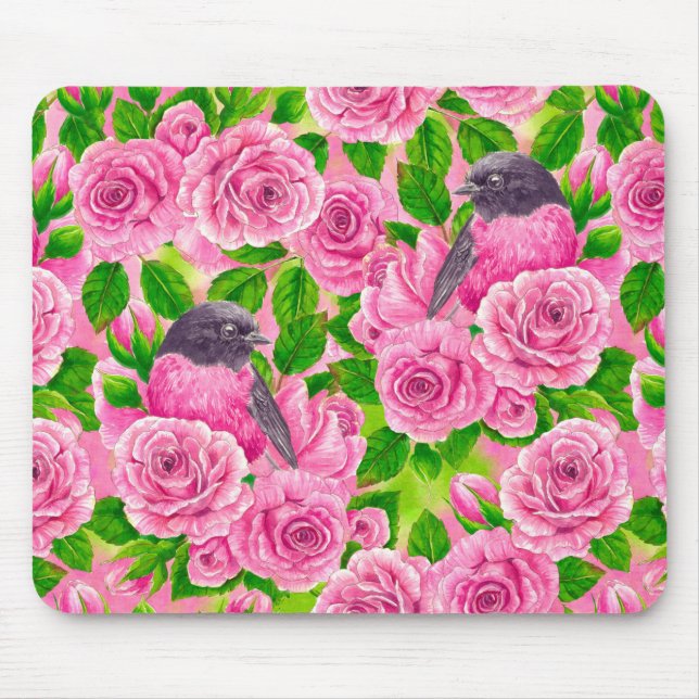 Pink Robin and roses Mouse Pad (Front)