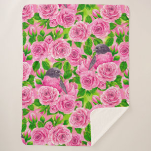 Pink Robin and roses Sherpa Blanket