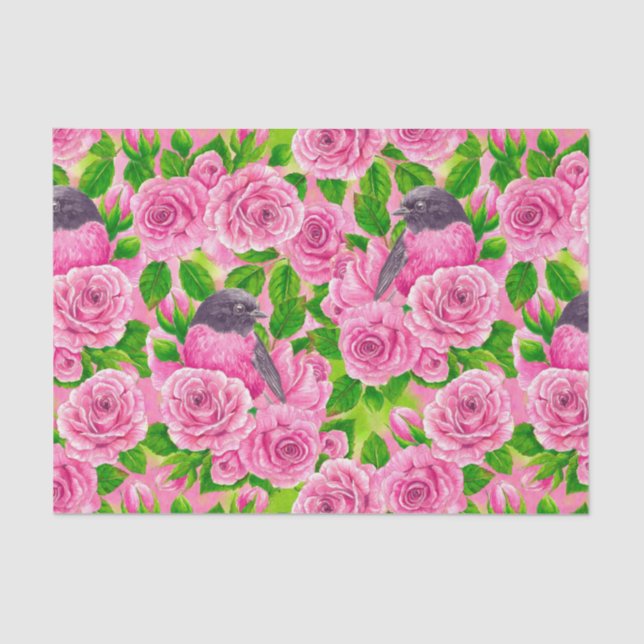 Pink Robin and roses Tissue Paper (Front)