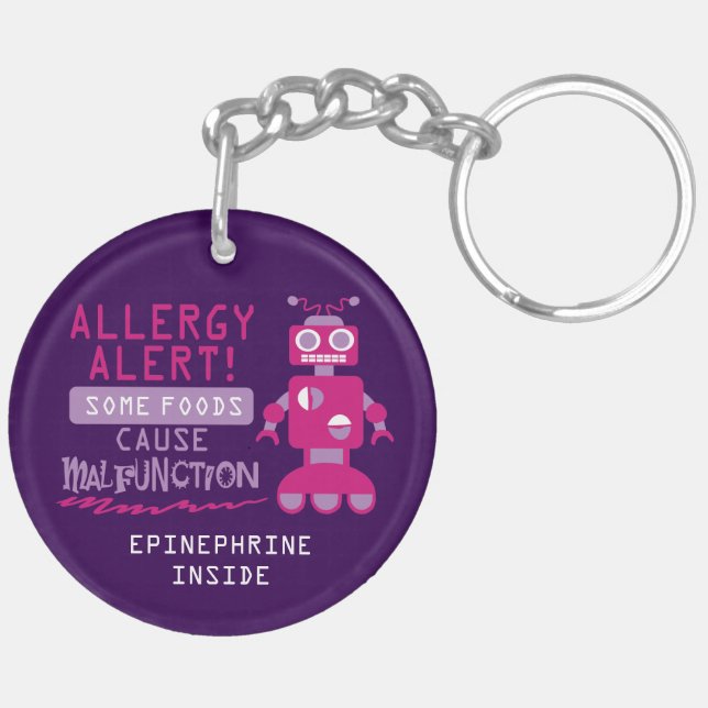 Pink Robot Food Allergy Alert Kids Personalized Keychain (Back Left)