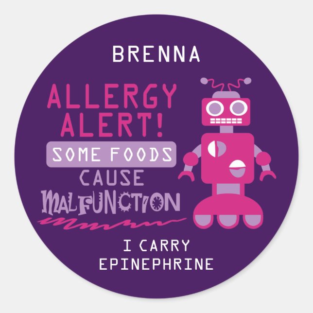 Pink Robot Food Allergy Alert Stickers (Front)