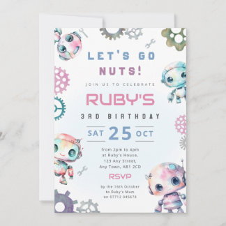 Pink Robot Girl's Birthday Party Invitation